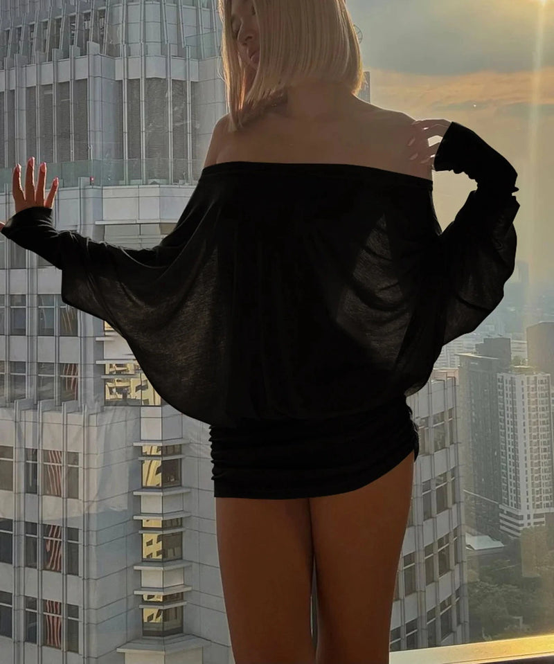 OFF-SHOULDER RUCHED MINI DRESS