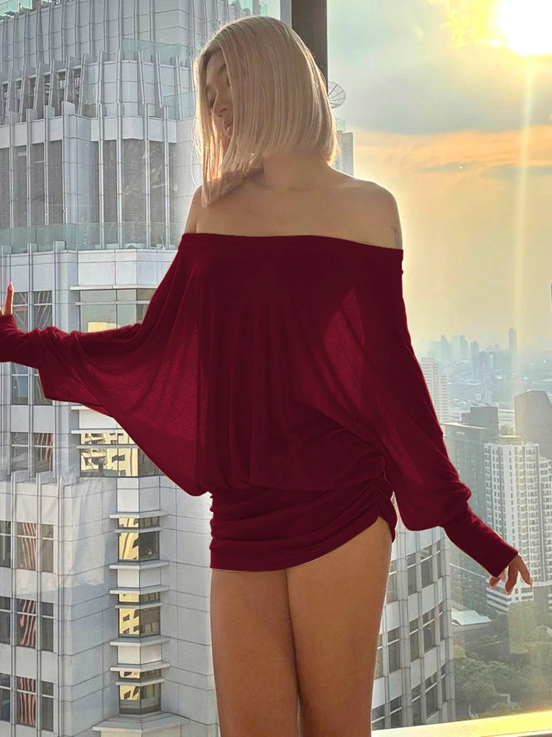 OFF-SHOULDER RUCHED MINI DRESS