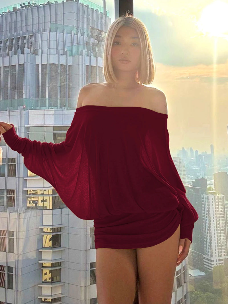 OFF-SHOULDER RUCHED MINI DRESS