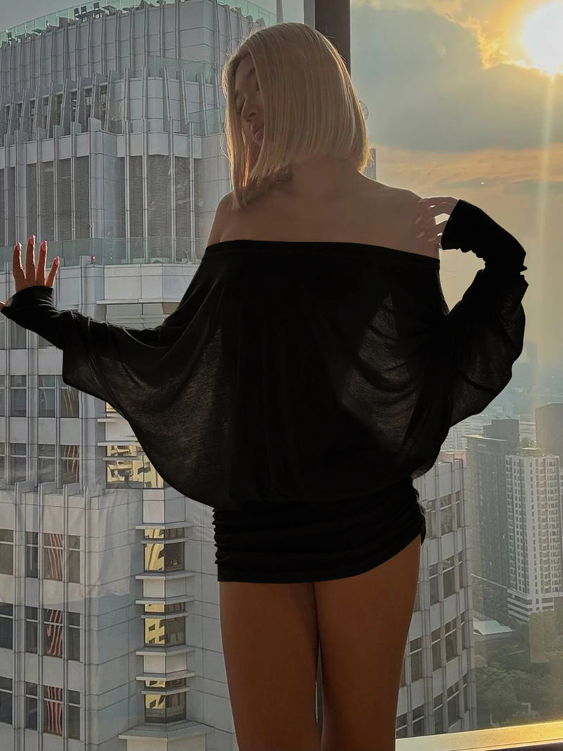 OFF-SHOULDER RUCHED MINI DRESS