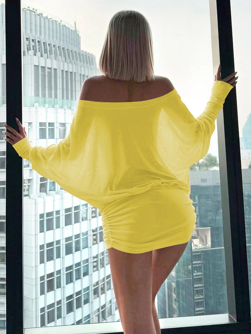 OFF-SHOULDER RUCHED MINI DRESS