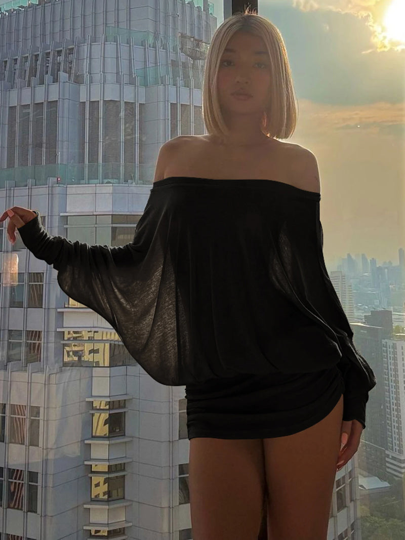 OFF-SHOULDER RUCHED MINI DRESS