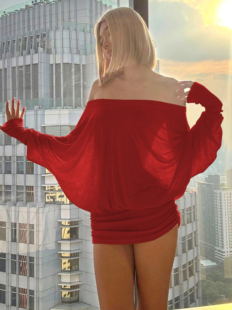 OFF-SHOULDER RUCHED MINI DRESS