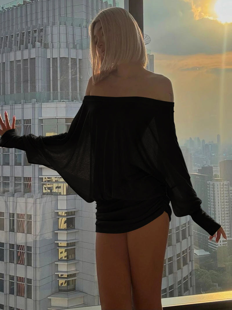 OFF-SHOULDER RUCHED MINI DRESS