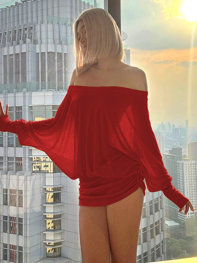 OFF-SHOULDER RUCHED MINI DRESS