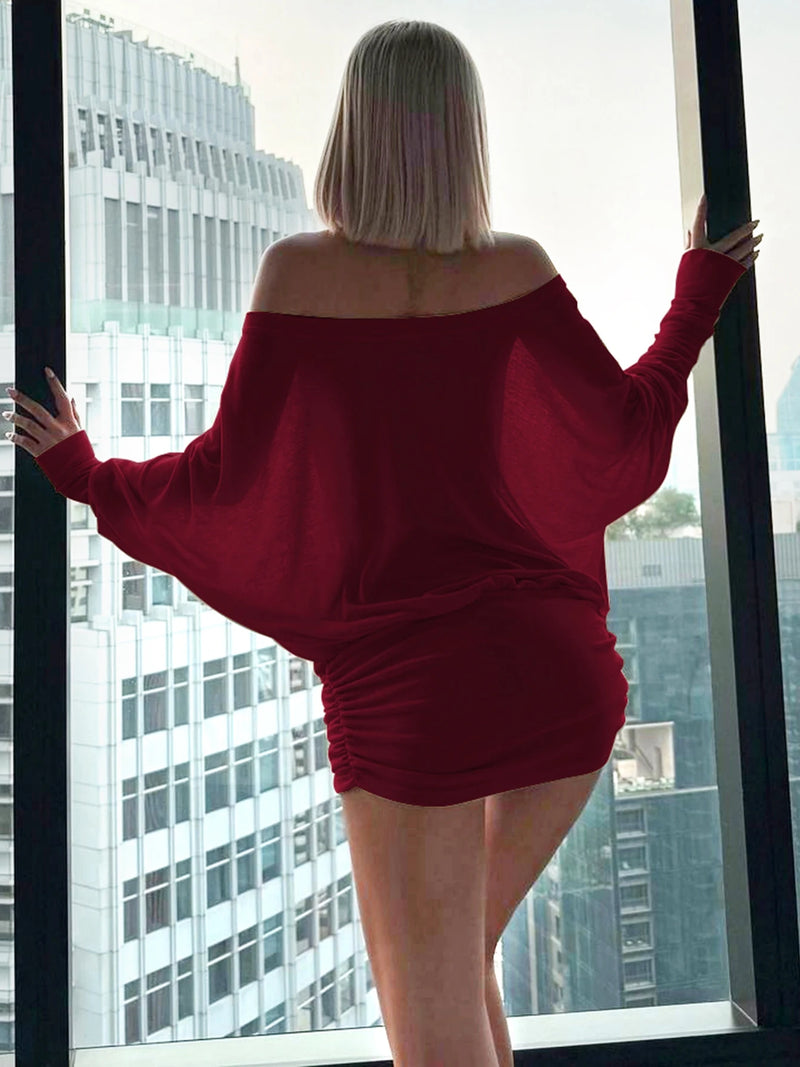 OFF-SHOULDER RUCHED MINI DRESS