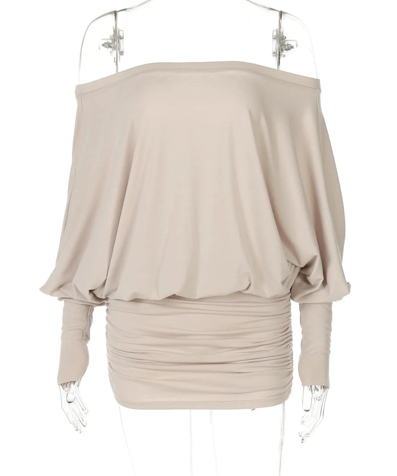 OFF-SHOULDER RUCHED MINI DRESS