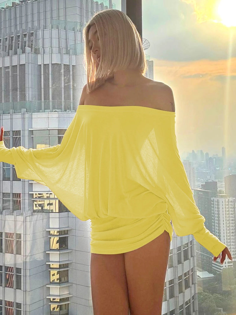 OFF-SHOULDER RUCHED MINI DRESS