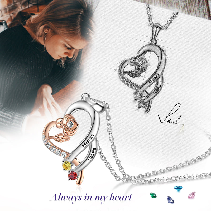 Birthstone Heart Rose Necklaces