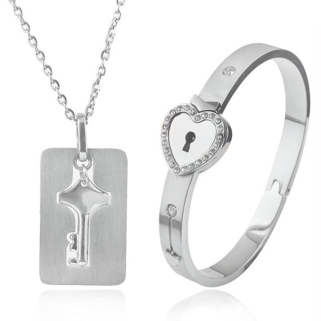 Heart Lock Bracelet & Key Necklace Set